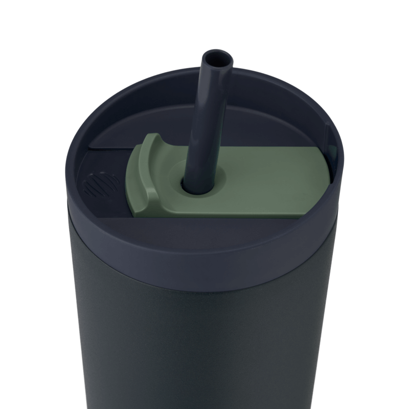 BlenderBottle 2-in-1 Shaker Tumbler lid featuring a straw and slider, perfect for leak-proof sipping. The bottle is blue-black with a green slider. | Color#Midnight