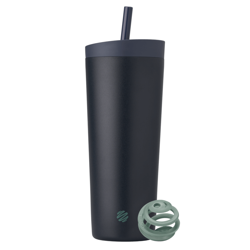 Full view of the BlenderBottle 2-in-1 Shaker Tumbler, showcasing the blue-black bottle with a green BlenderBall on the side for smooth mixing. | Color#Midnight