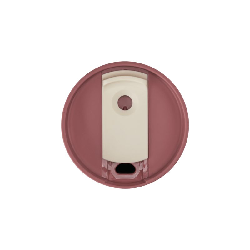 BlenderBottle 2-in-1 Shaker Tumbler lid with slider open for easy sipping. The bottle is tan-pink with a burnt sienna lid and beige flip cap. | Color#Sahara Sunset