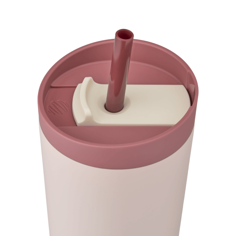 BlenderBottle 2-in-1 Shaker Tumbler lid with a straw and slider for leak-proof convenience. The tan-pink bottle has a rosewood lid, a beige flip cap. | Color#Sahara Sunset