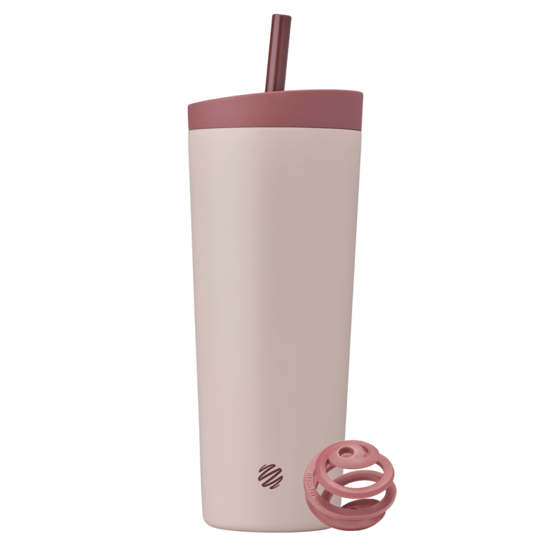 Full view of the BlenderBottle 2-in-1 Shaker Tumbler in tan-pink, featuring a redwood BlenderBall for smooth mixing, and a matching lid and straw. | Color#Sahara Sunset