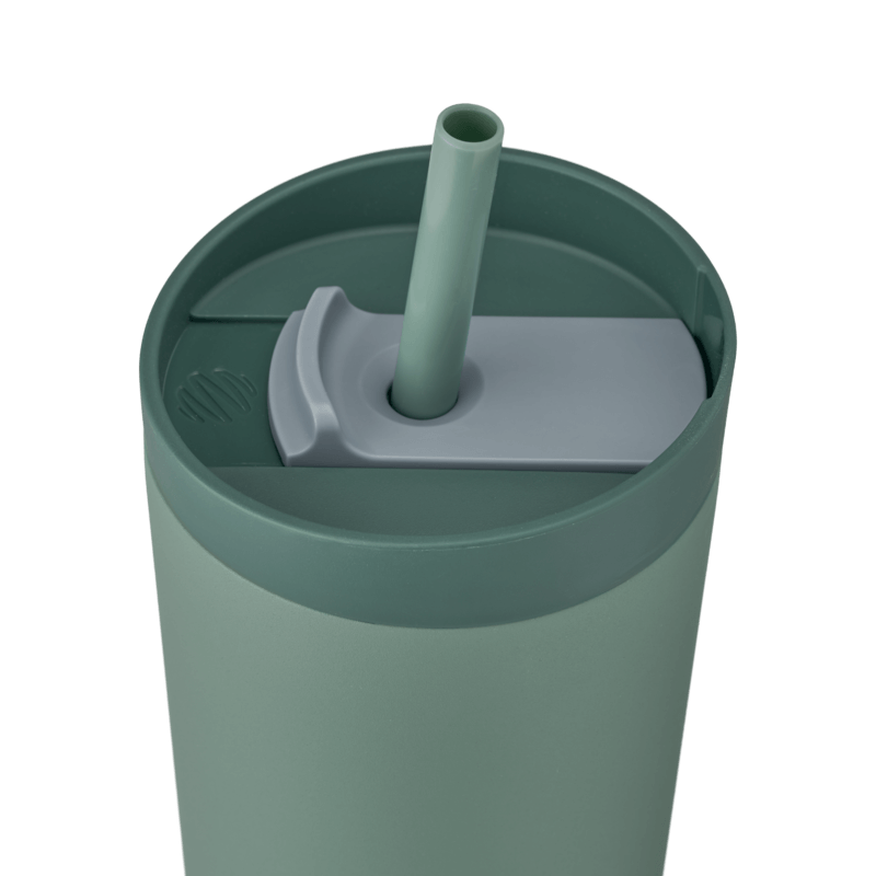 BlenderBottle 2-in-1 Shaker Tumbler lid with a straw and slider for leak-proof drinking. The sea green bottle is complemented by a darker green lid and straw. | Color#Sea Glass