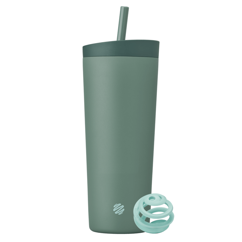 Full view of the BlenderBottle 2-in-1 Shaker Tumbler in sea green, featuring a darker green lid and straw, along with an aqua BlenderBall for smooth mixing. | Color#Sea Glass