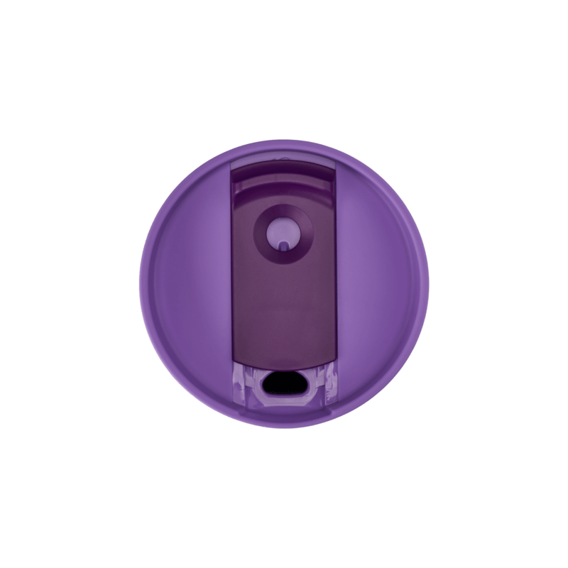 BlenderBottle 2-in-1 Shaker Tumbler lid with slider open, offering a convenient way to sip. The light purple bottle features a purple lid & plum slider. | Color#Velvet Blush