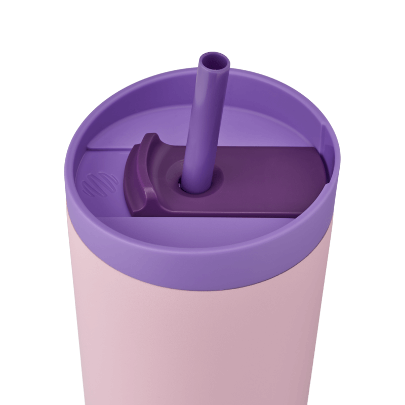 BlenderBottle 2-in-1 Shaker Tumbler lid with a straw and slider for leak-proof sipping. The light purple bottle is complemented by a matching purple lid and straw. | Color#Velvet Blush