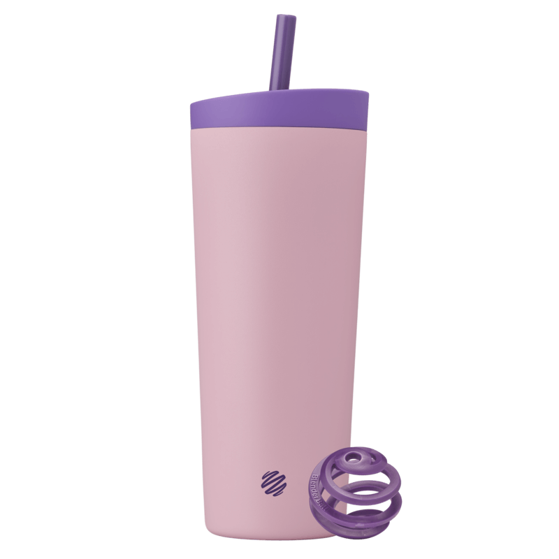 Full view of the BlenderBottle 2-in-1 Shaker Tumbler in light purple, featuring a darker plum lid and straw, and a plum BlenderBall for smooth mixing. | Color#Velvet Blush