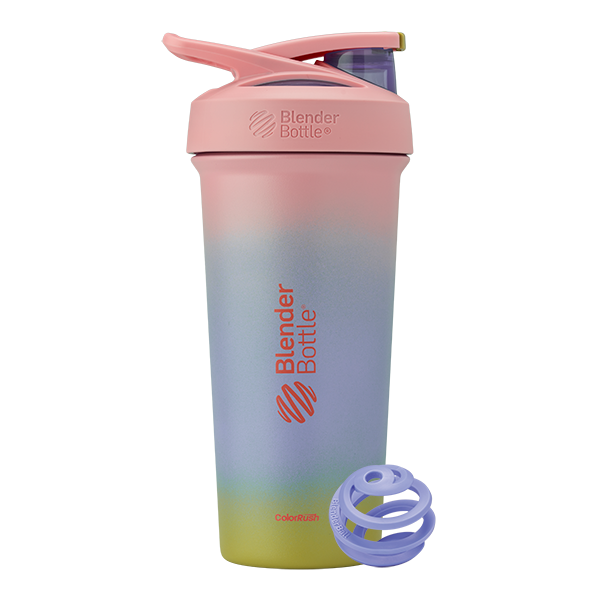 Pink, purple, and green gradient Strada Tritan odor-resistant shaker with locking lid.| Color#Breakaway