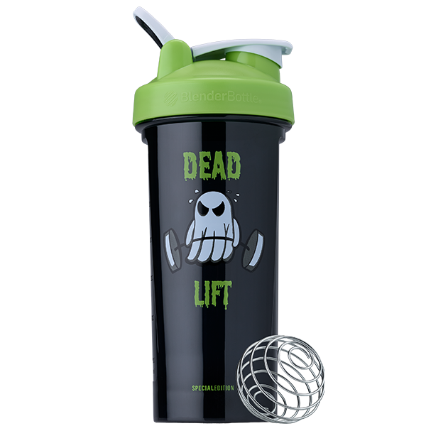 Green and black shaker with a graphic of a ghost deadlifting and the words "Dead Lift"