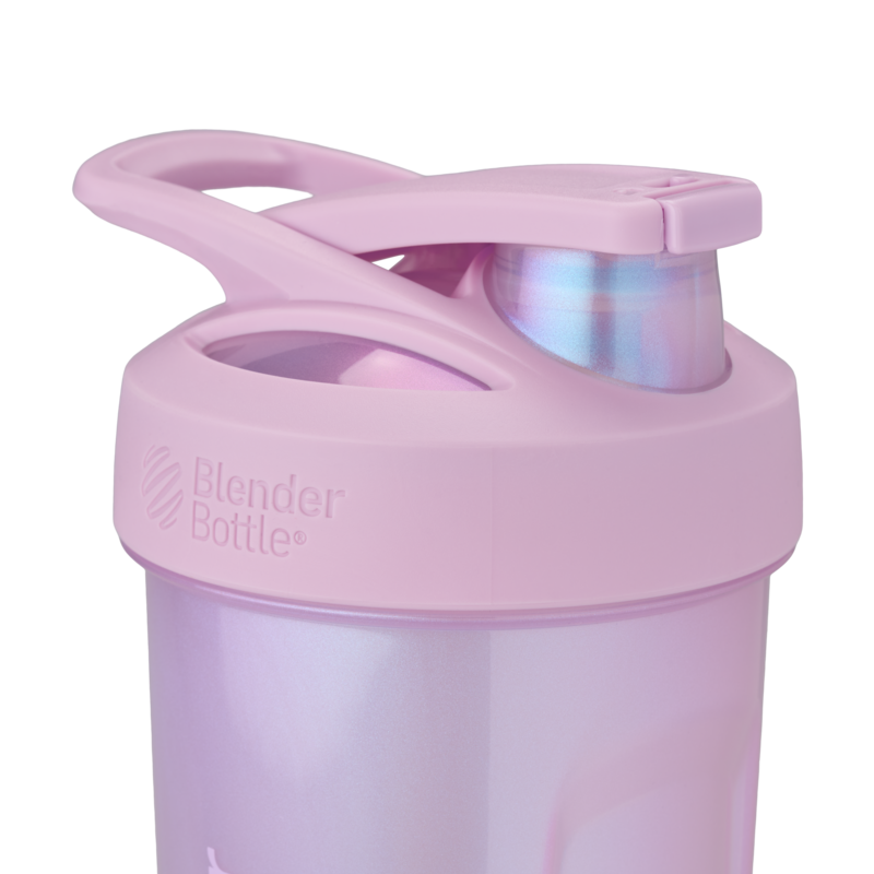 Pastel pink BlenderBottle featuring a secure flip cap, a carry loop, and a locking lid.