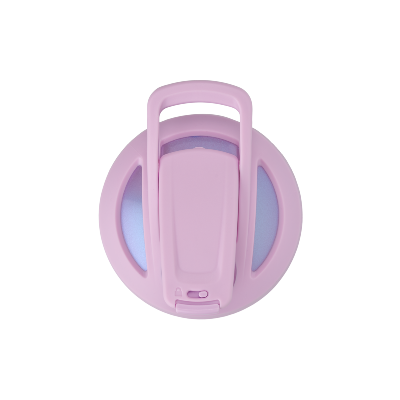 A top-down view of a pastel pink BlenderBottle lid featuring a secure flip cap, a carrying handle, and a locking lid.