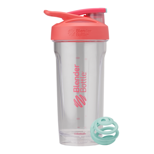 Clear Strada Tritan Bottle with Pink and Aqua Accents on Lid. Featuring Aqua BlenderBall Color Ball.