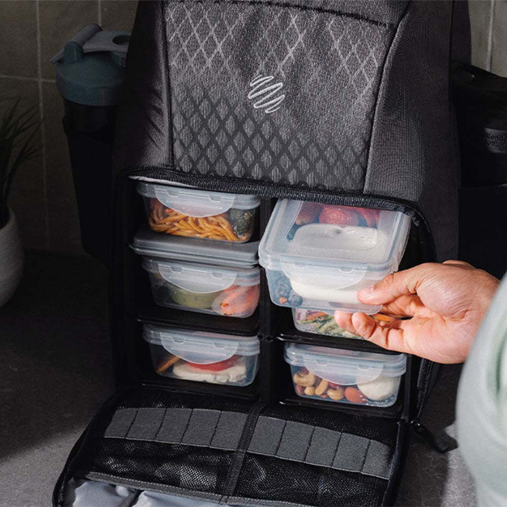 Meal Prep Lunch Bag / Box for Men, Women + 3 Large Food Containers (45 oz.) + 2 Big Reusable Ice Packs + Shoulder Strap + Shaker with Storage.