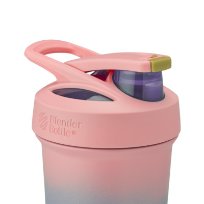 Pink Strada Sleek lid with green lock and button and blue drinking spout. | Color#Breakaway